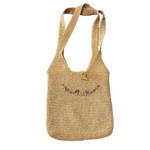 Straw Shoulder Bag Floral Embroidery & Leaf Button Closure Boho Beach Lagenlook